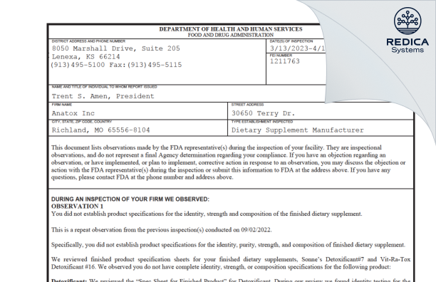 FDA 483 - Anatox Inc [Richland / United States of America] - Download PDF - Redica Systems