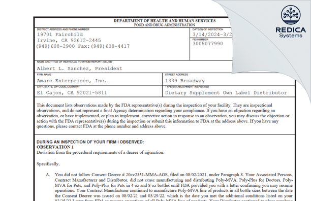 FDA 483 - Amarc Enterprises, Inc. [El Cajon / United States of America] - Download PDF - Redica Systems