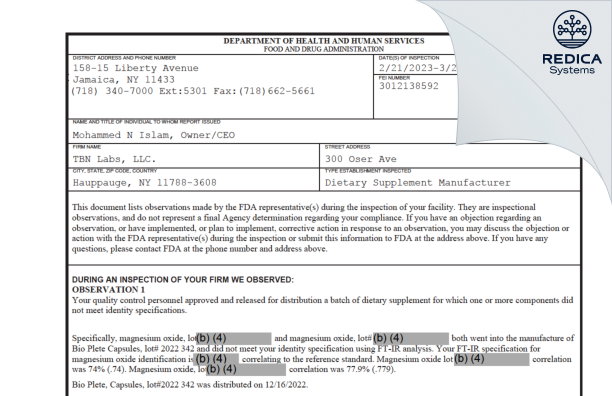 FDA 483 - TBN Labs, LLC. [Hauppauge / United States of America] - Download PDF - Redica Systems