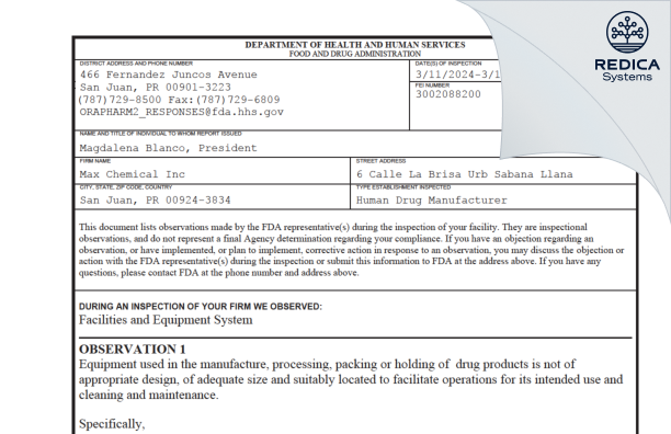 FDA 483 - Max Chemical, Inc. [Rico / United States of America] - Download PDF - Redica Systems