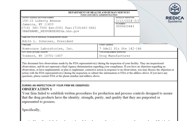 FDA 483 - HomeoCare Laboratories Inc. [York / United States of America] - Download PDF - Redica Systems