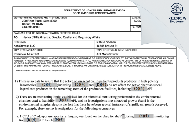 FDA 483 - Ash Stevens LLC [Riverview / United States of America] - Download PDF - Redica Systems