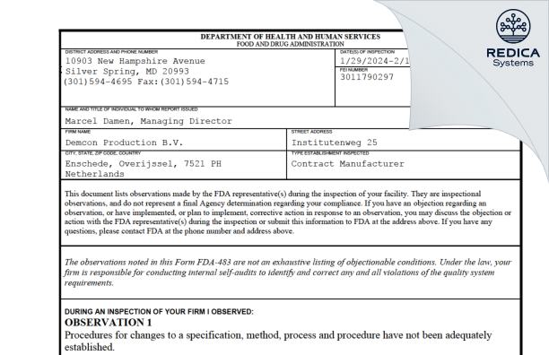 FDA 483 - DEMCON PRODUCTION B.V. [Enschede / -] - Download PDF - Redica Systems