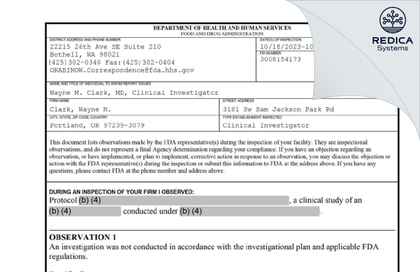 FDA 483 - Clark, Wayne M. [Portland / United States of America] - Download PDF - Redica Systems