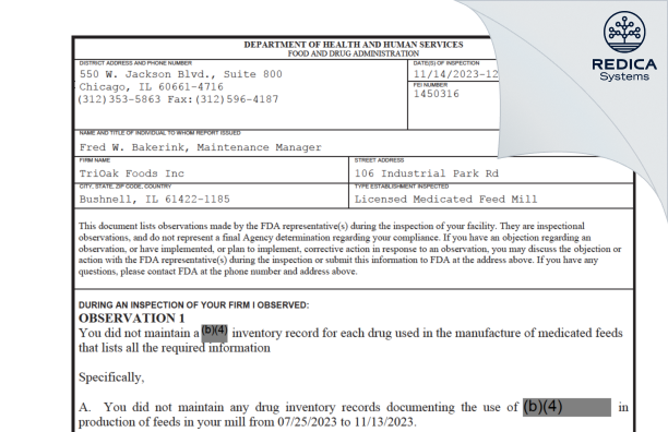 FDA 483 - TriOak Foods LLC [Bushnell / United States of America] - Download PDF - Redica Systems