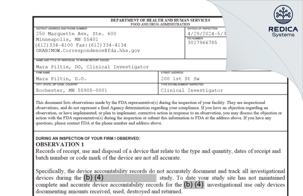 FDA 483 - Mara Piltin, D.O. [- / United States of America] - Download PDF - Redica Systems