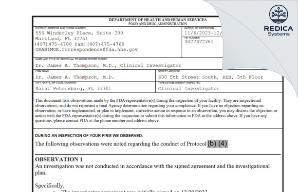 FDA 483 - James Thompson, M.D. [Falls Church / United States of America] - Download PDF - Redica Systems