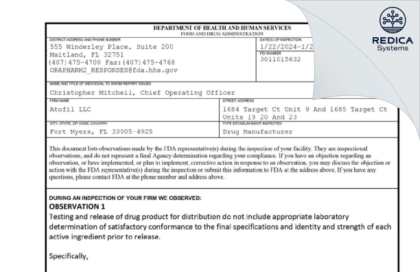 FDA 483 - Atofil LLC [Fort Myers / United States of America] - Download PDF - Redica Systems