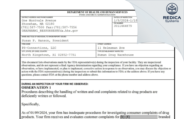 FDA 483 - PS-Connections, LLC [North Kingstown / United States of America] - Download PDF - Redica Systems