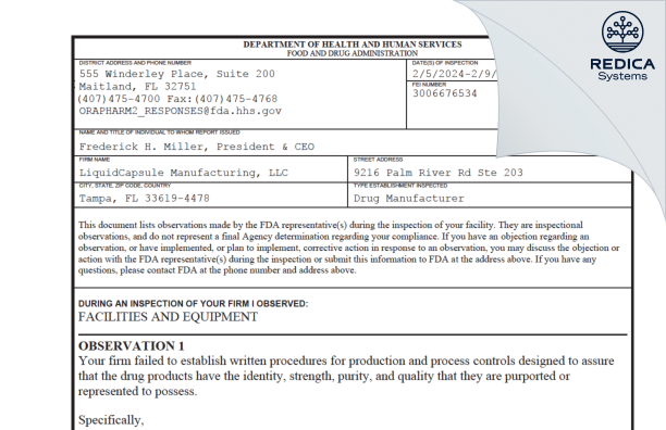 FDA 483 - LiquidCapsule Manufacturing LLC [Tampa / United States of America] - Download PDF - Redica Systems