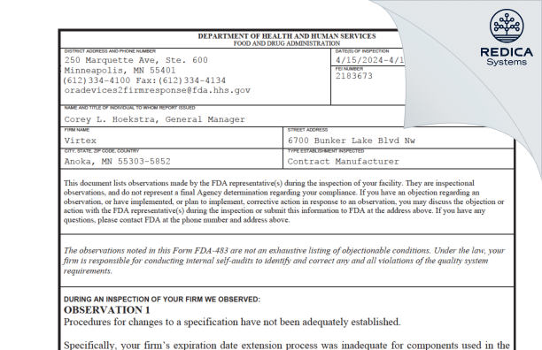 FDA 483 - Altron, Inc [Anoka / United States of America] - Download PDF - Redica Systems