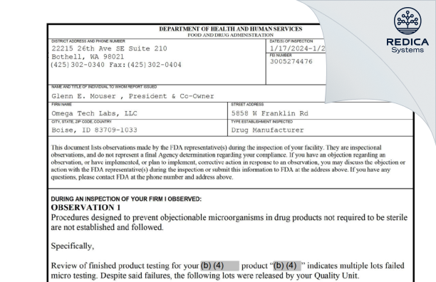 FDA 483 - Omega Tech Labs Inc [Boise / United States of America] - Download PDF - Redica Systems