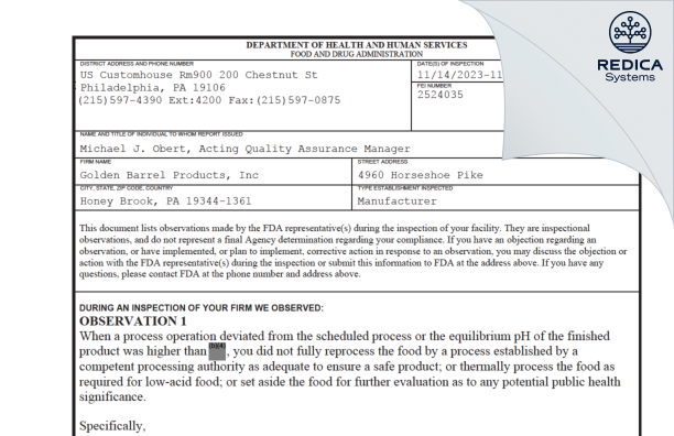 FDA 483 - Golden Barrel Products, Inc [Honey Brook / United States of America] - Download PDF - Redica Systems