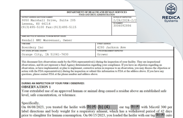 FDA 483 - Boerdery Inc [Orange City / United States of America] - Download PDF - Redica Systems