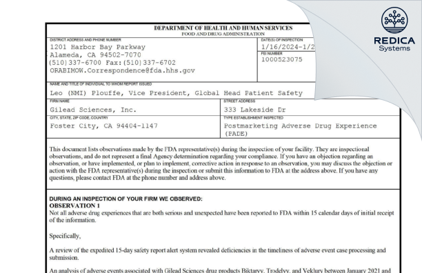 FDA 483 - ASEGUA THERAPEUTICS LLC [Foster City / United States of America] - Download PDF - Redica Systems