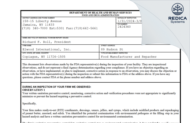 FDA 483 - Elwood International, Inc. [Copiague / United States of America] - Download PDF - Redica Systems