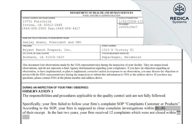 FDA 483 - Bryant Ranch Prepack [Burbank / United States of America] - Download PDF - Redica Systems