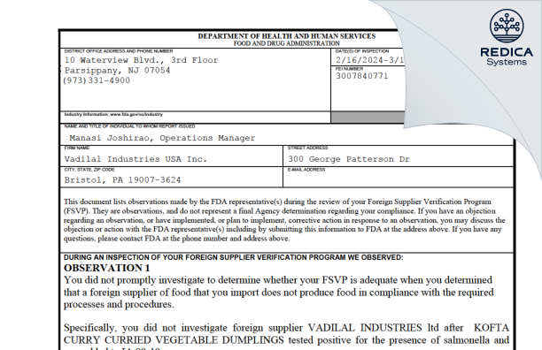 FDA 483 - Vadilal Industries USA Inc. [Newark / United States of America] - Download PDF - Redica Systems