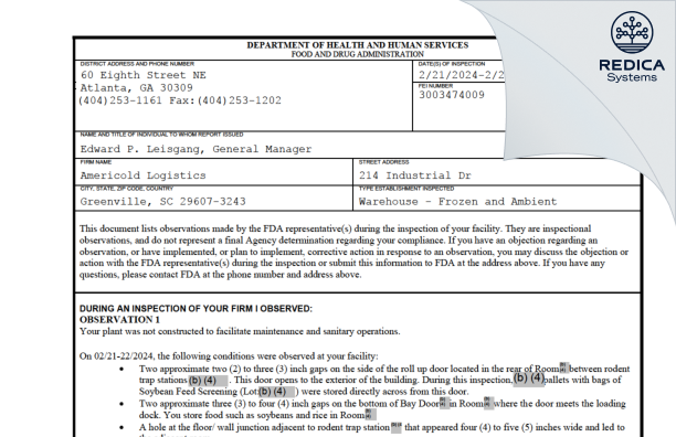 FDA 483 - Americold Logistics [Greenville / United States of America] - Download PDF - Redica Systems