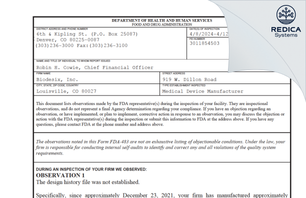 FDA 483 - BIODESIX, INC. [Boulder / United States of America] - Download PDF - Redica Systems