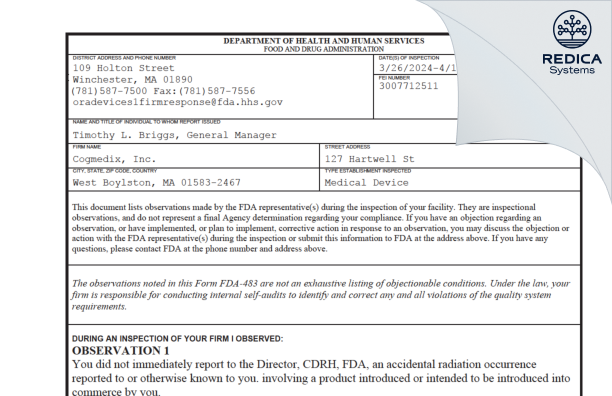 FDA 483 - Cogmedix, Inc. [West Boylston / United States of America] - Download PDF - Redica Systems