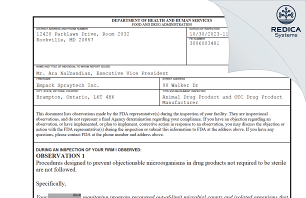 FDA 483 - Empack Spraytech Inc. [Brampton / Canada] - Download PDF - Redica Systems