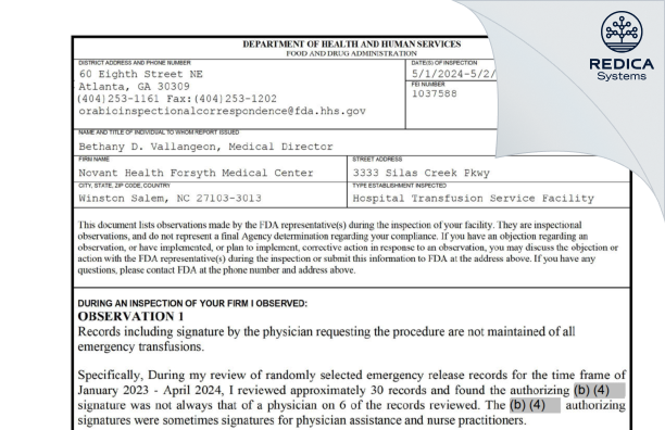 FDA 483 - Novant Health Forsyth Medical Center [Winston Salem / United States of America] - Download PDF - Redica Systems