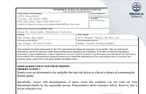 FDA 483 - San Diego Eye Bank [San Diego / United States of America] - Download PDF - Redica Systems