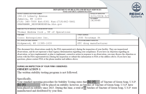 FDA 483 - Cosco Enterprises, Inc [New York / United States of America] - Download PDF - Redica Systems