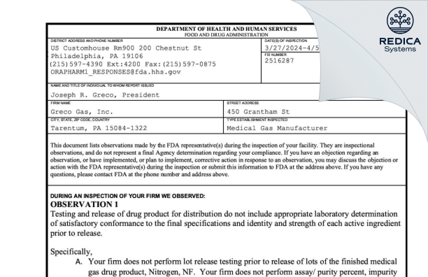 FDA 483 - Greco Gas, Inc. [Tarentum Pennsylvania / United States of America] - Download PDF - Redica Systems
