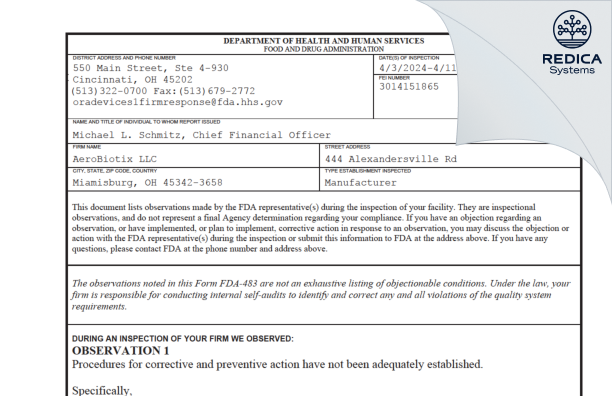 FDA 483 - AeroBiotix LLC [Miamisburg / United States of America] - Download PDF - Redica Systems