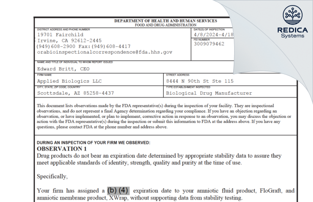 FDA 483 - Applied Biologics LLC [Scottsdale / United States of America] - Download PDF - Redica Systems