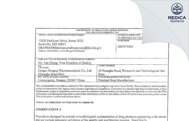 FDA 483 - Jiangsu Hengrui Pharmaceuticals Co., Ltd. (Huanghe Road Site) [Lianyungang / China] - Download PDF - Redica Systems