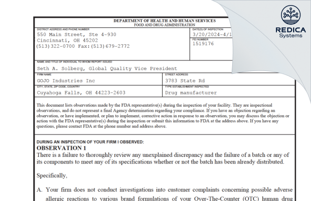 FDA 483 - GOJO Industries, Inc [Cuyahoga Falls Ohio / United States of America] - Download PDF - Redica Systems