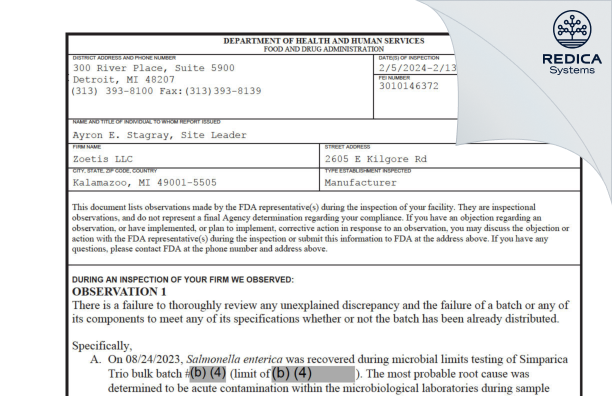 FDA 483 - Zoetis LLC [Kalamazoo / United States of America] - Download PDF - Redica Systems