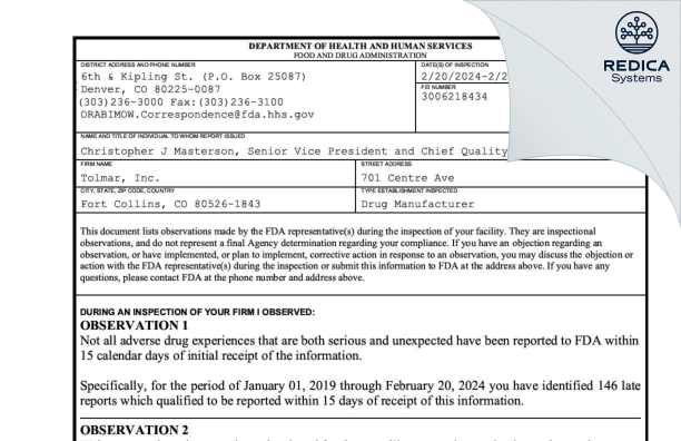 FDA 483 - TOLMAR, INC [Fort Collins / United States of America] - Download PDF - Redica Systems