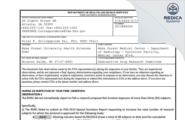 FDA 483 - Wake Forest University Health Sciences RDRC [Winston Salem / United States of America] - Download PDF - Redica Systems