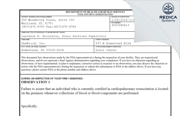 FDA 483 - OneBlood, Inc. [Homestead / United States of America] - Download PDF - Redica Systems