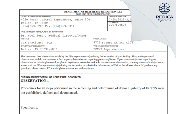 FDA 483 - IVF Institute, P.A. [Dallas / United States of America] - Download PDF - Redica Systems