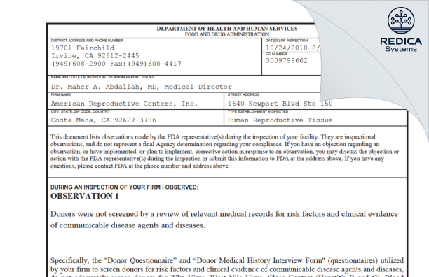 FDA 483 - American Reproductive Centers, Inc. [Costa Mesa / United States of America] - Download PDF - Redica Systems