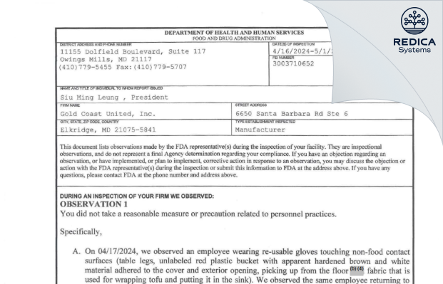 FDA 483 - Gold Coast United, Inc. [Elkridge / United States of America] - Download PDF - Redica Systems