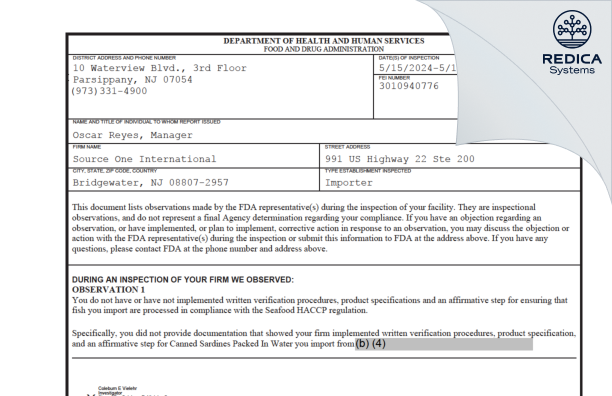 FDA 483 - Source One International [Bridgewater / United States of America] - Download PDF - Redica Systems