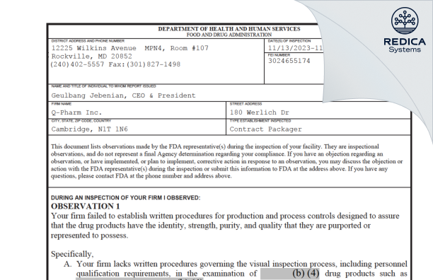 FDA 483 - Q-Pharm Inc. [Cambridge / Canada] - Download PDF - Redica Systems