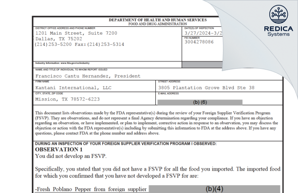 FDA 483 - Kantani International, LLC [Mission / United States of America] - Download PDF - Redica Systems