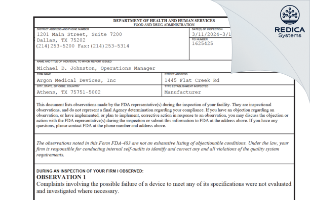 FDA 483 - Argon Medical Devices, Inc [Athens / United States of America] - Download PDF - Redica Systems