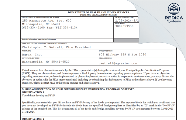 FDA 483 - Agrex, Inc. [Minneapolis / United States of America] - Download PDF - Redica Systems