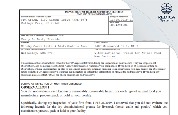 FDA 483 - Bio-Ag Consultants & Distributors Inc. [Wellesley / Canada] - Download PDF - Redica Systems