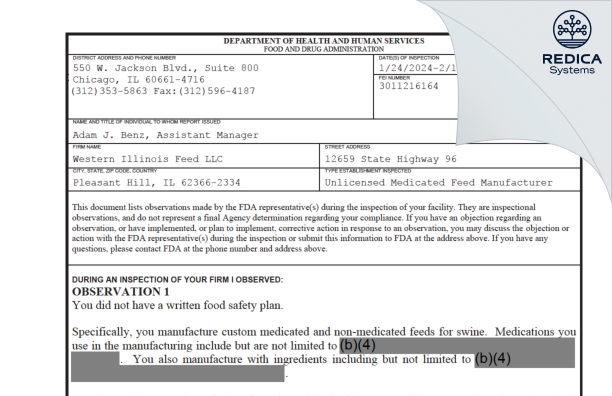 FDA 483 - Western Illinois Feed LLC [Pleasant Hill / United States of America] - Download PDF - Redica Systems