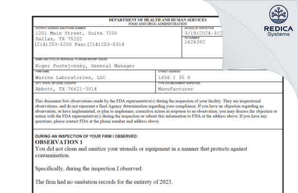 FDA 483 - Warren Laboratories, LLC [Abbott / United States of America] - Download PDF - Redica Systems