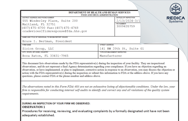 FDA 483 - Zizion Group, LLC [Boca Raton / United States of America] - Download PDF - Redica Systems